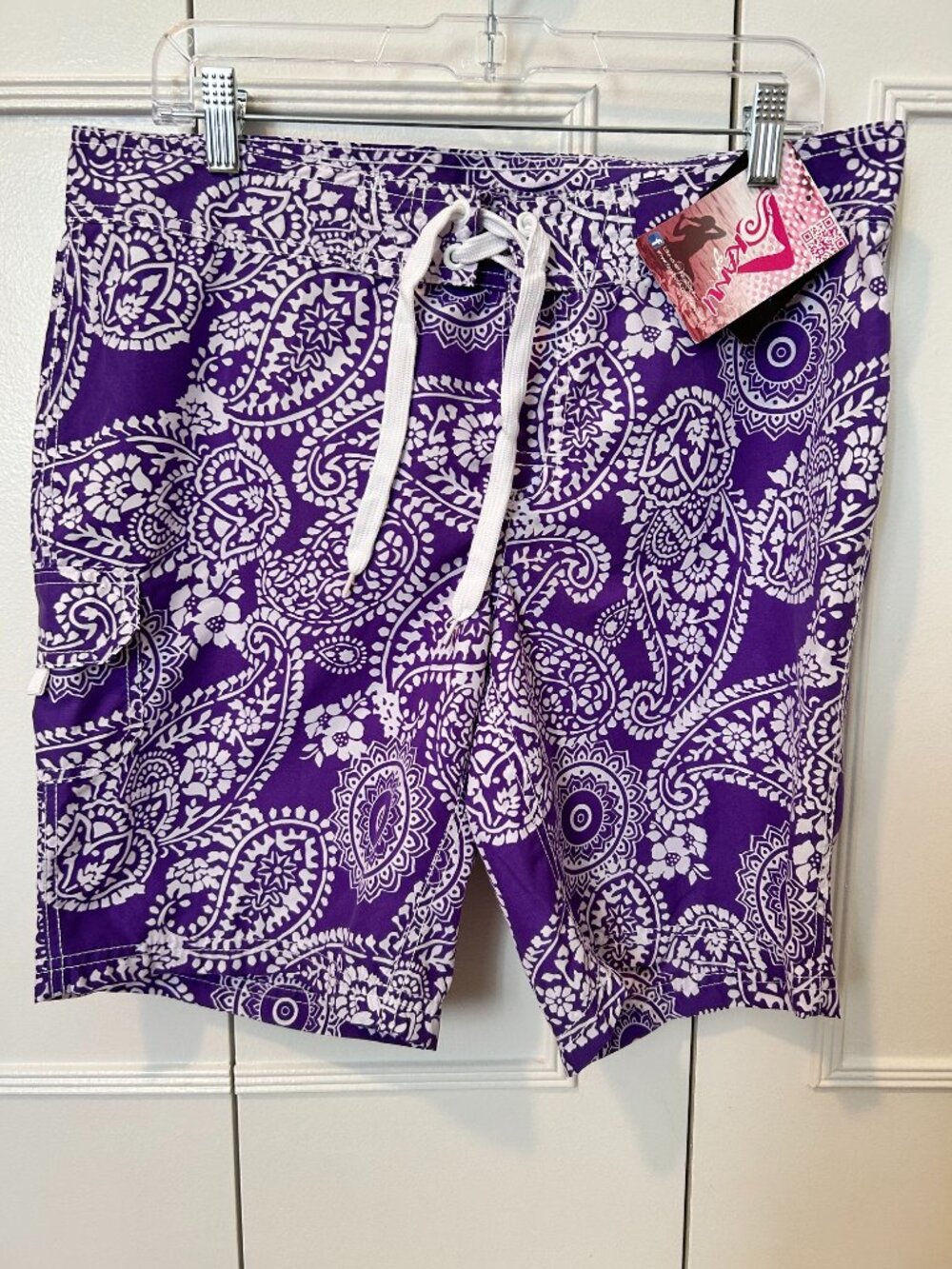 Kanu Surf Womens Lania Board Swim Shorts Purple with White Paisley Pattern Sz 10